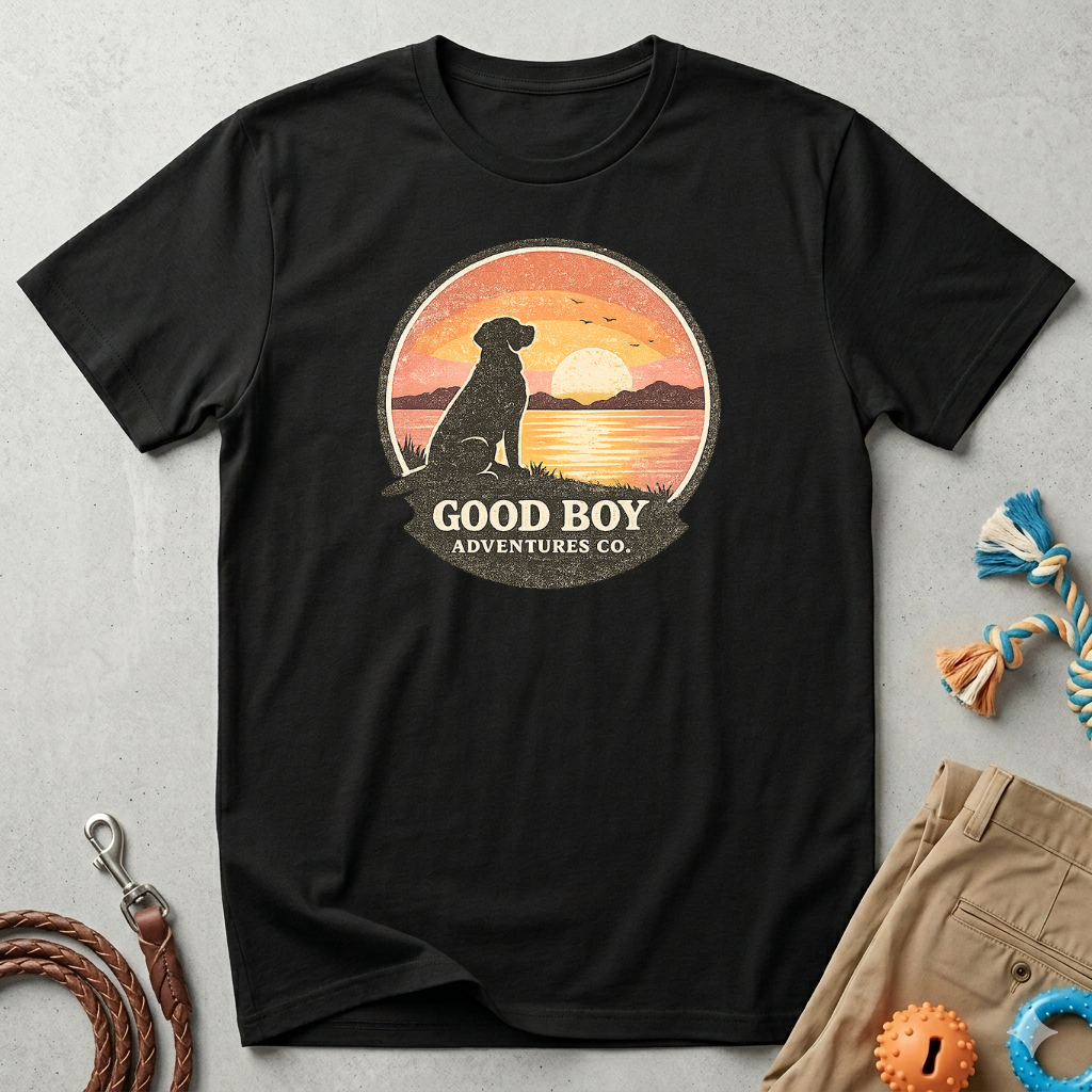 Dog Sunset T-Shirt — "Good Boy" Retro Beach Graphic Tee