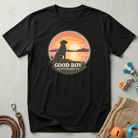 Dog Sunset T-Shirt — "Good Boy" Retro Beach Graphic Tee