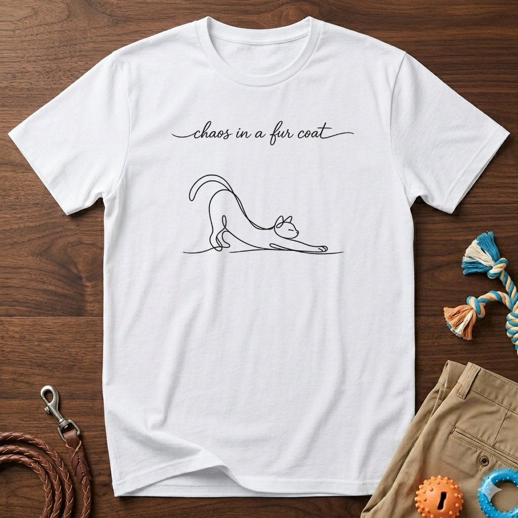 Cat Line Art T-Shirt — "chaos in a fur coat" Minimalist Cat Shirt