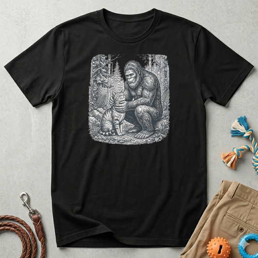 Bigfoot & Cat T-Shirt — Vintage Sasquatch Forest Illustration