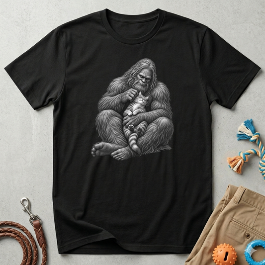 Bigfoot & Kitten T-Shirt — Cute Sasquatch Holding Cat Graphic Tee