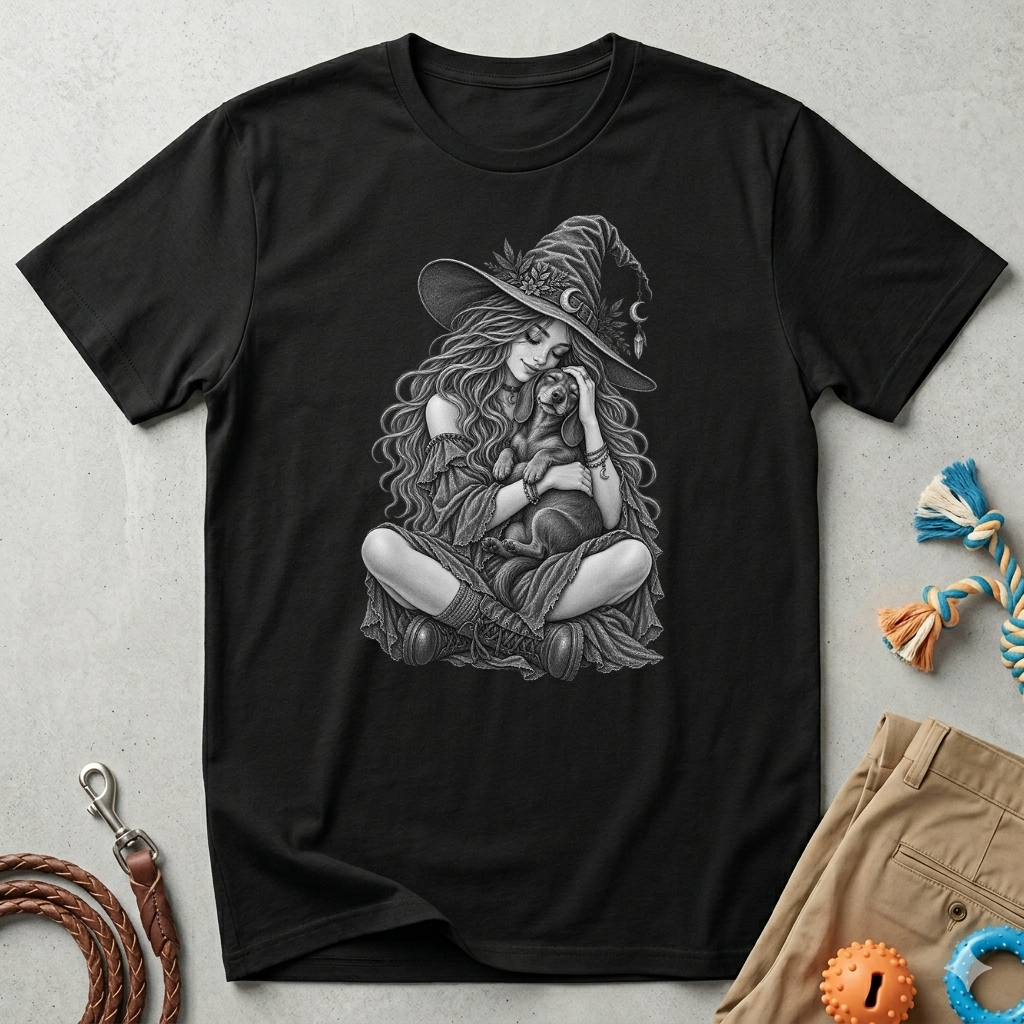 Witch Girl petting a dog Graphic T-Shirt — Witch Illustration Tee