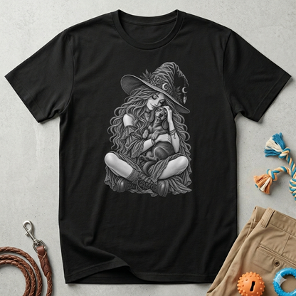Witch Girl petting a dog Graphic T-Shirt — Witch Illustration Tee
