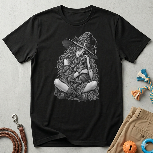 Witch Girl petting a dog Graphic T-Shirt — Witch Illustration Tee