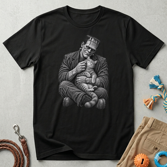 Frankenstein Holding Kitty T-Shirt — Cute Gothic Horror Tee