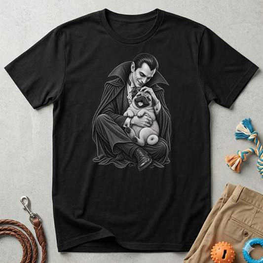 Vampire Holding Pug T‑Shirt — Gothic Cute Dog Tee