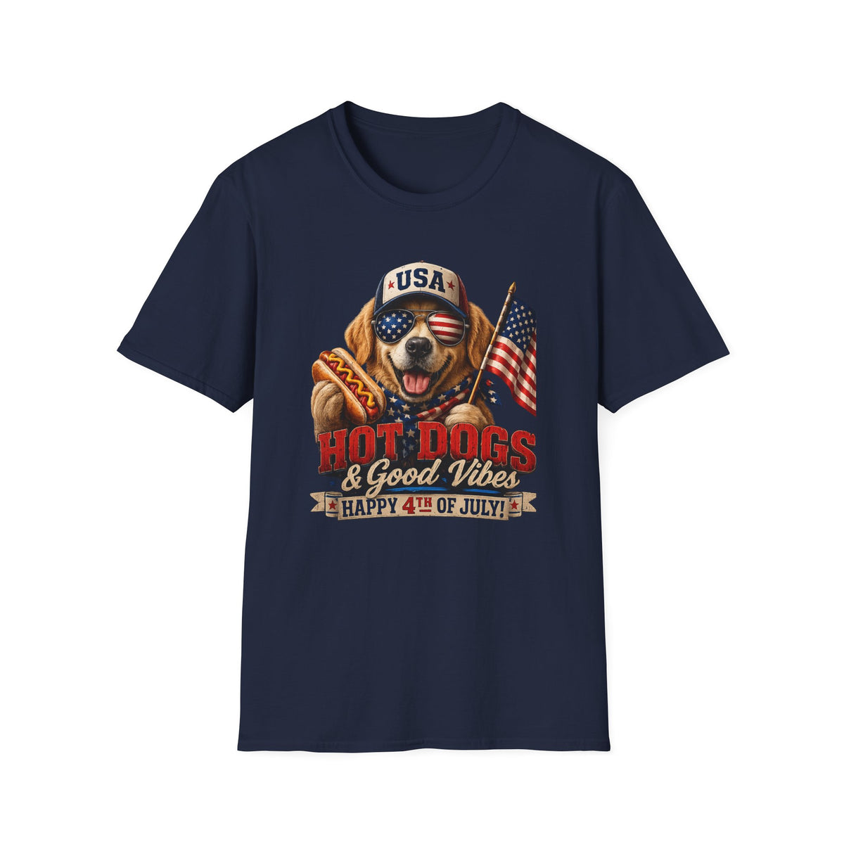 4th of July Dog T-Shirt — "Hot Dogs & Good Vibes" USA Flag Tee