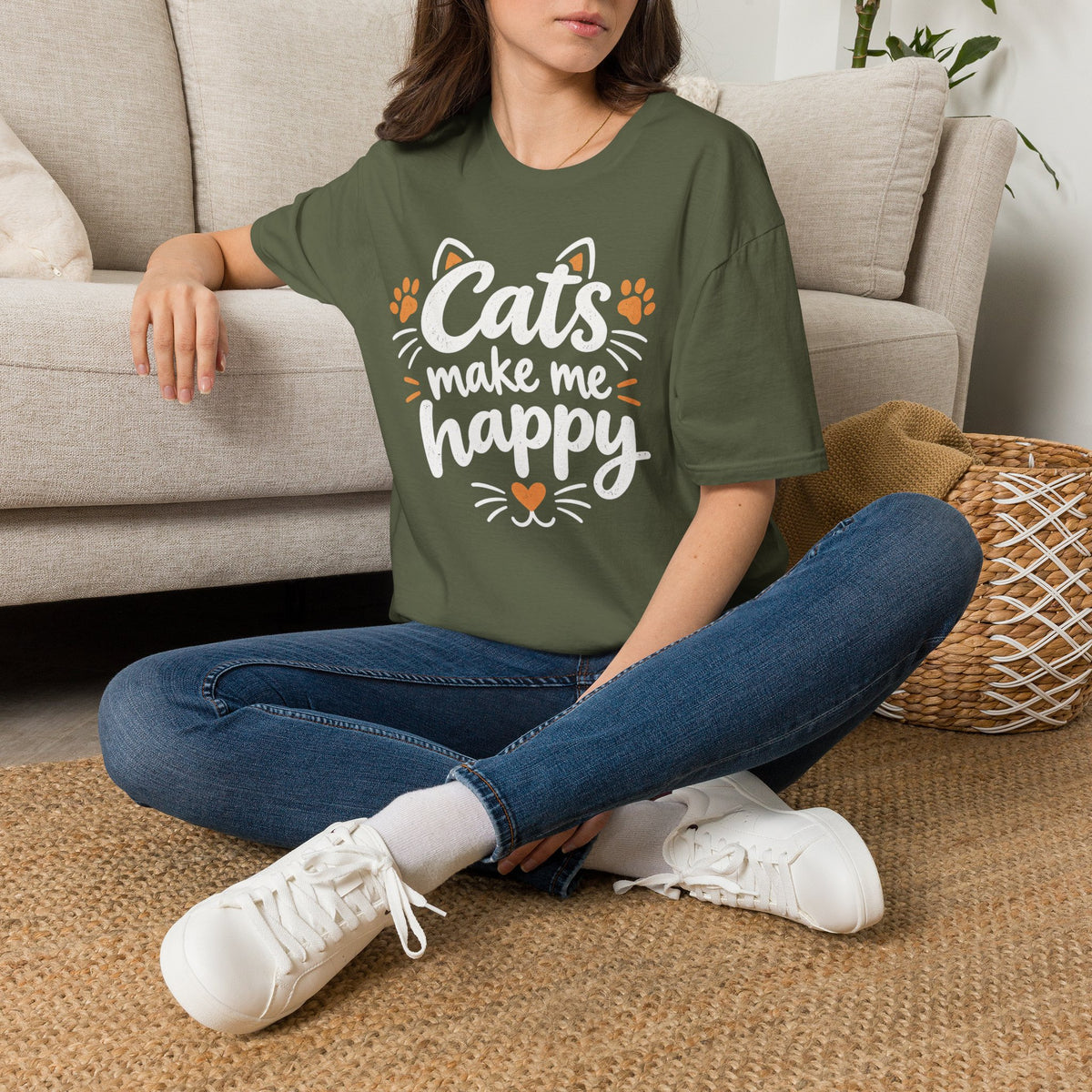 Cats make me happy T‑Shirt – Cute Paw Print & Heart Graphic Tee