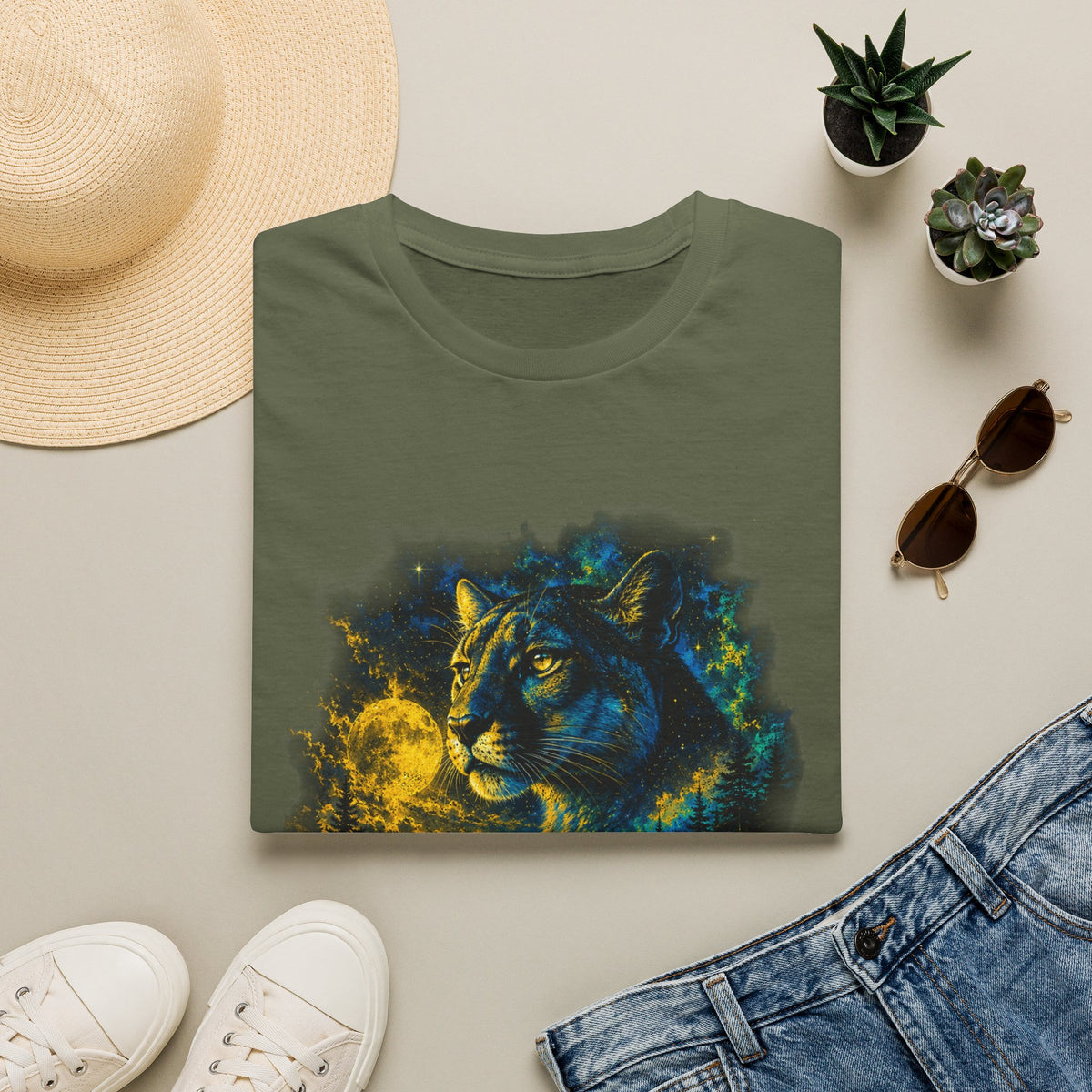 Moon T-Shirt — Neon Cosmic Big Cat Graphic Tee