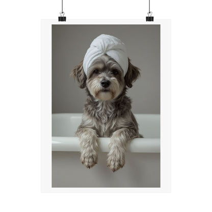 Dog Spa Poster — Cute Puppy in Towel Matte Vertical Wall Art