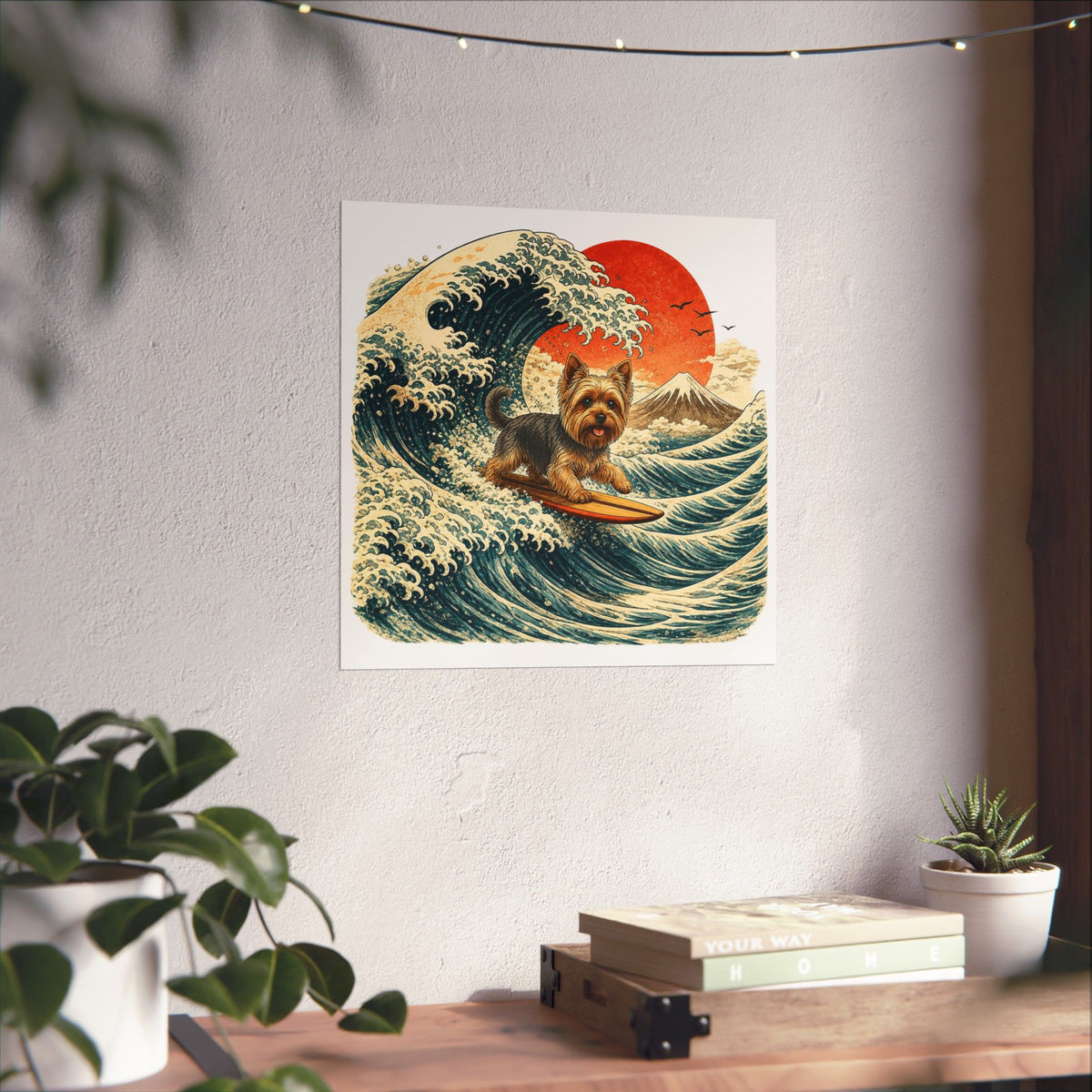 Surfing Yorkie Poster — Vintage Wave Art Matte Vertical Print