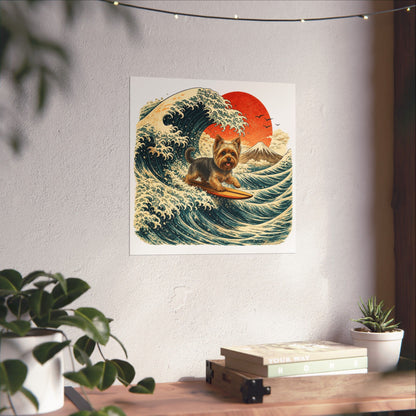 Surfing Yorkie Poster — Vintage Wave Art Matte Vertical Print