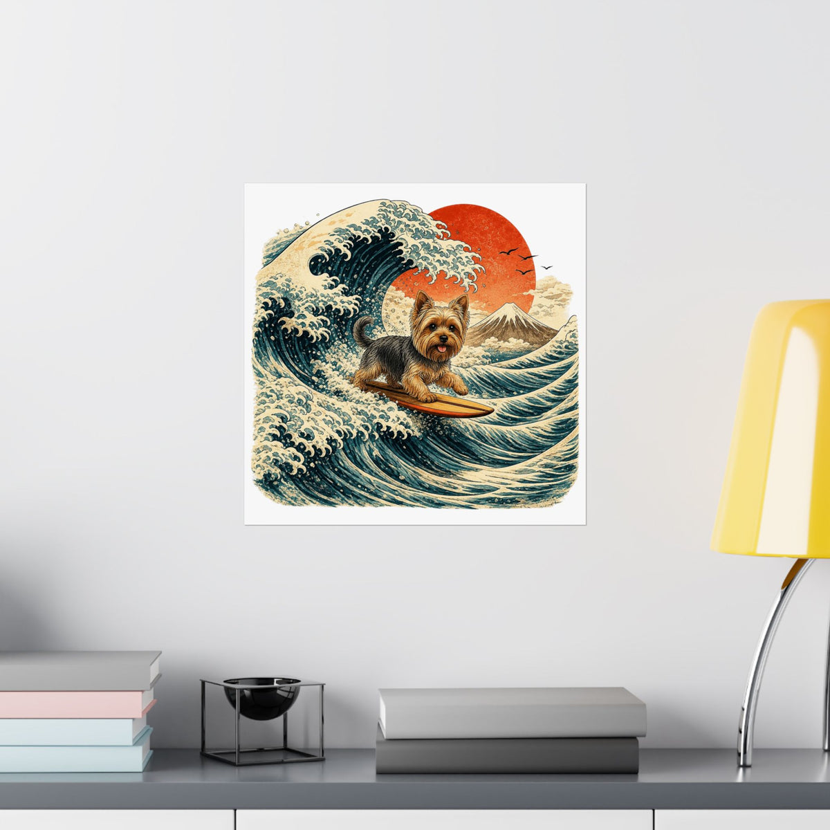 Surfing Yorkie Poster — Vintage Wave Art Matte Vertical Print