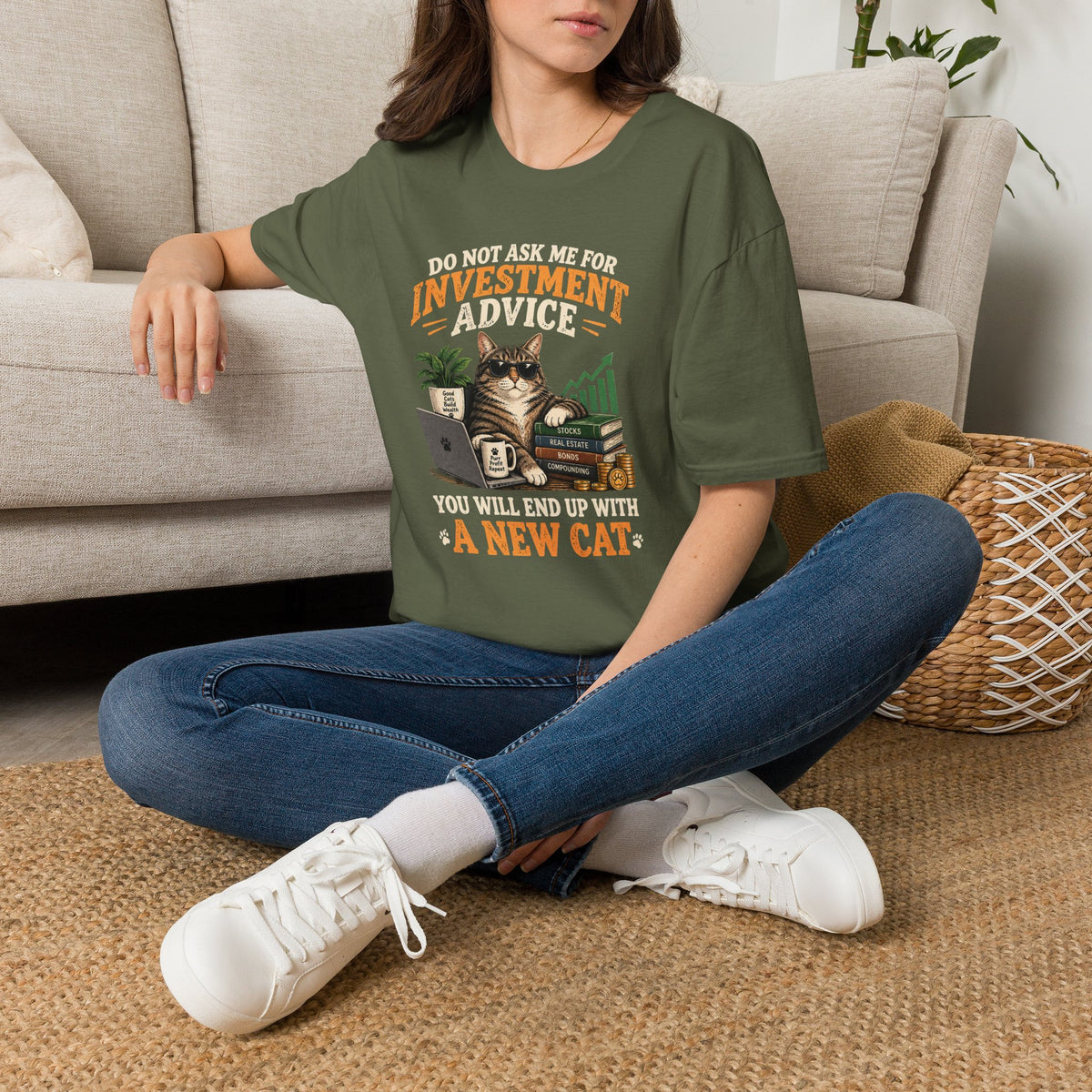 Cat Investor T-Shirt — "Do Not Ask Me for Investment Advice (You Will End Up With a New Cat)"