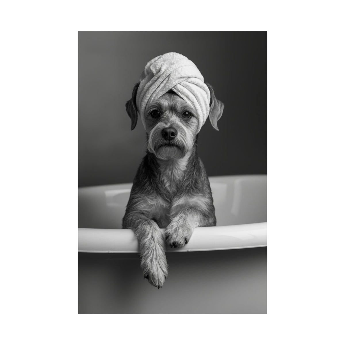 Digital download Spa Pup Matte Vertical Poster — Black & White Dog in Bathtub Print