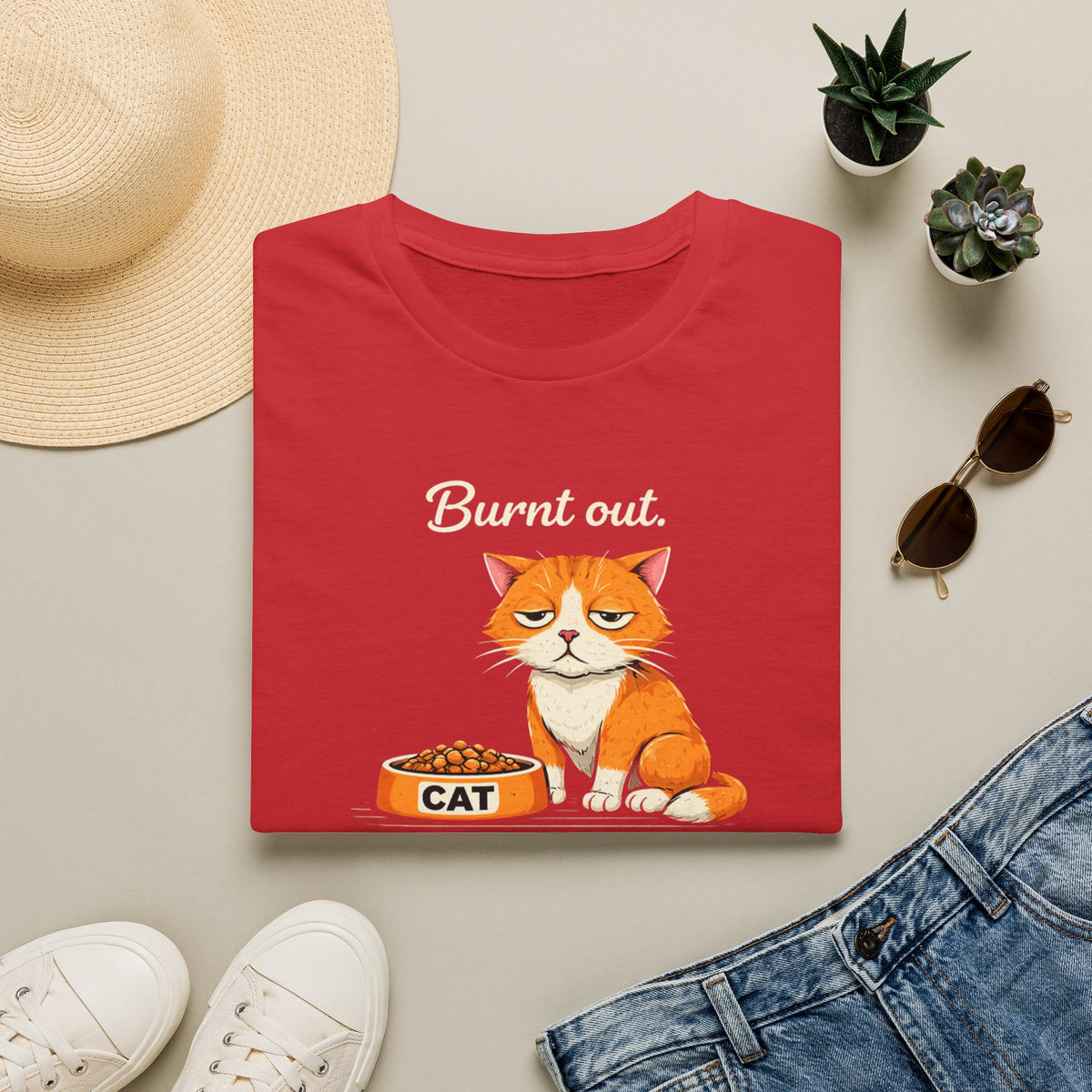 Cat T-Shirt — "Burnt Out Still Feeding the Cat" Funny Pet Mom/Dad Tee