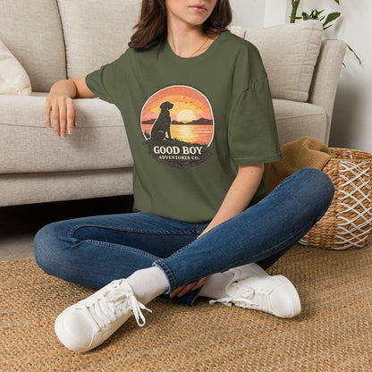 Dog Sunset T-Shirt — "Good Boy" Retro Beach Graphic Tee