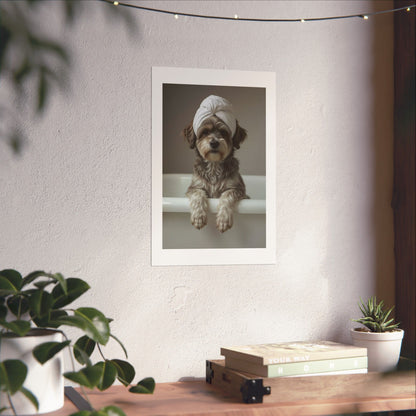 Dog Spa Poster — Cute Puppy in Towel Matte Vertical Wall Art