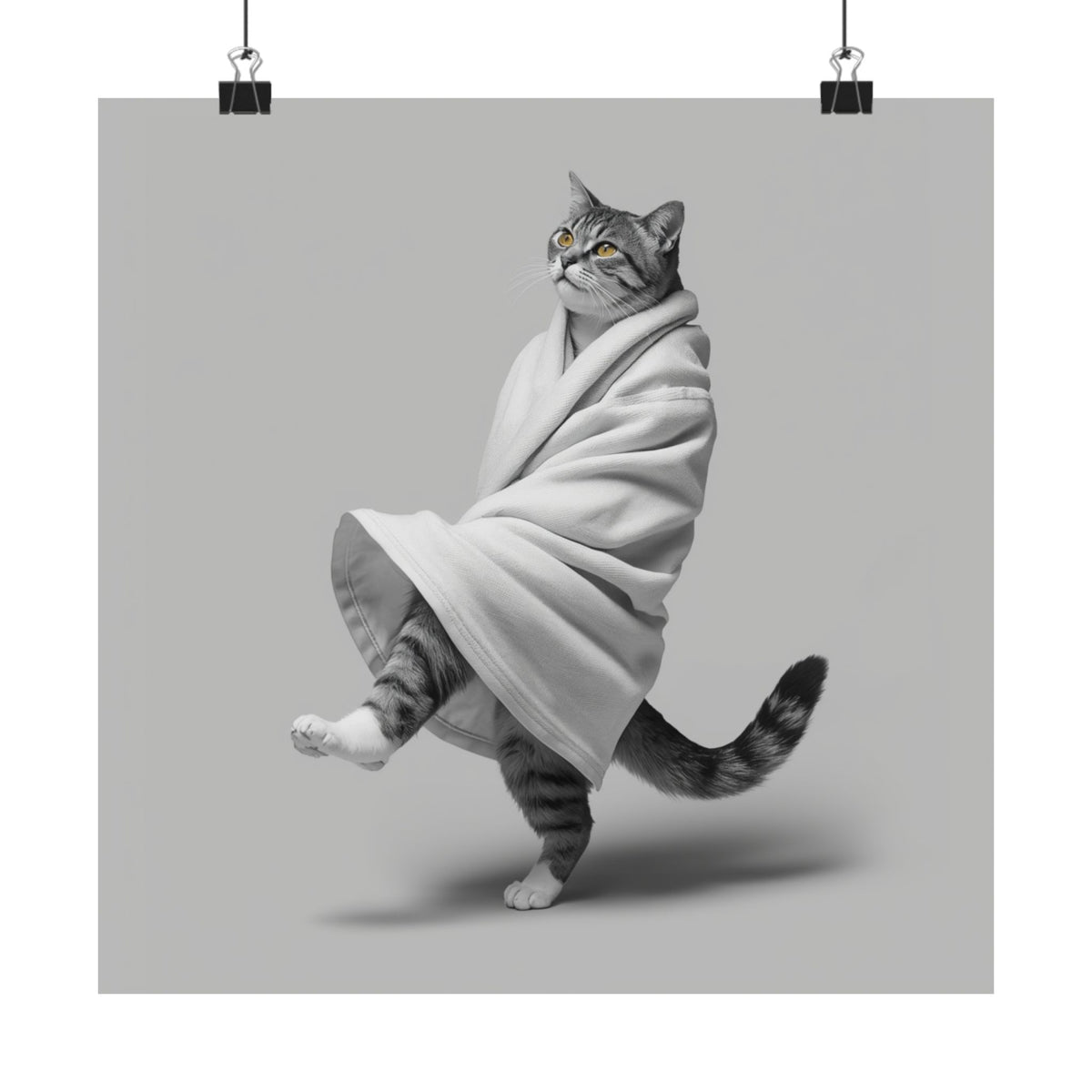 Digital download Dancing Cat Poster — Whimsical Cat Wrapped in Blanket Matte Print