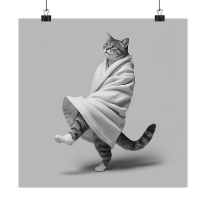 Digital download Dancing Cat Poster — Whimsical Cat Wrapped in Blanket Matte Print