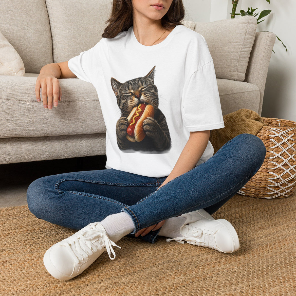 Cat Eating Hot Dog T-Shirt — Funny Cute Cat Graphic Tee