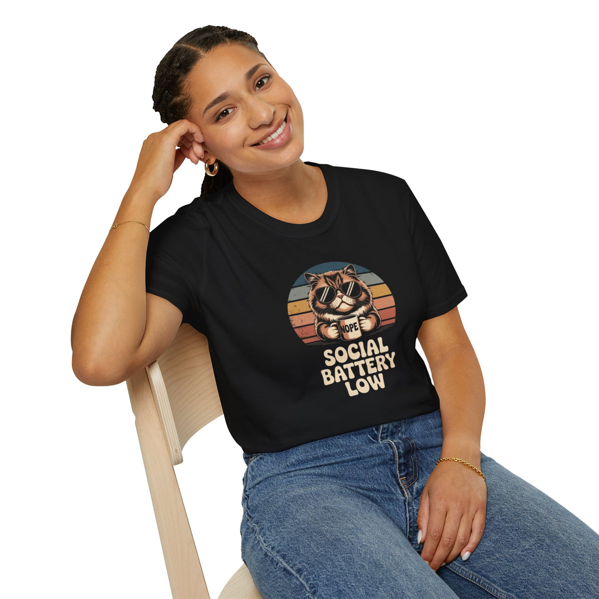 Social Battery Low Cat Retro Graphic T-Shirt