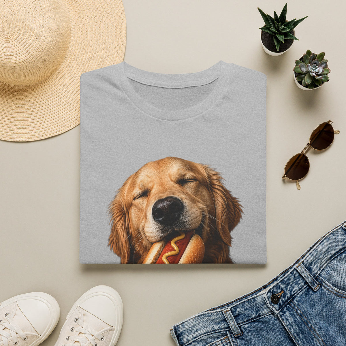 Golden Retriever Hot Dog T-Shirt — Cute Dog Eating Hotdog Graphic Tee