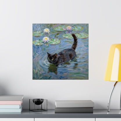 Digital download Poster — Black Cat in Water with Waterlilies (Art Print)