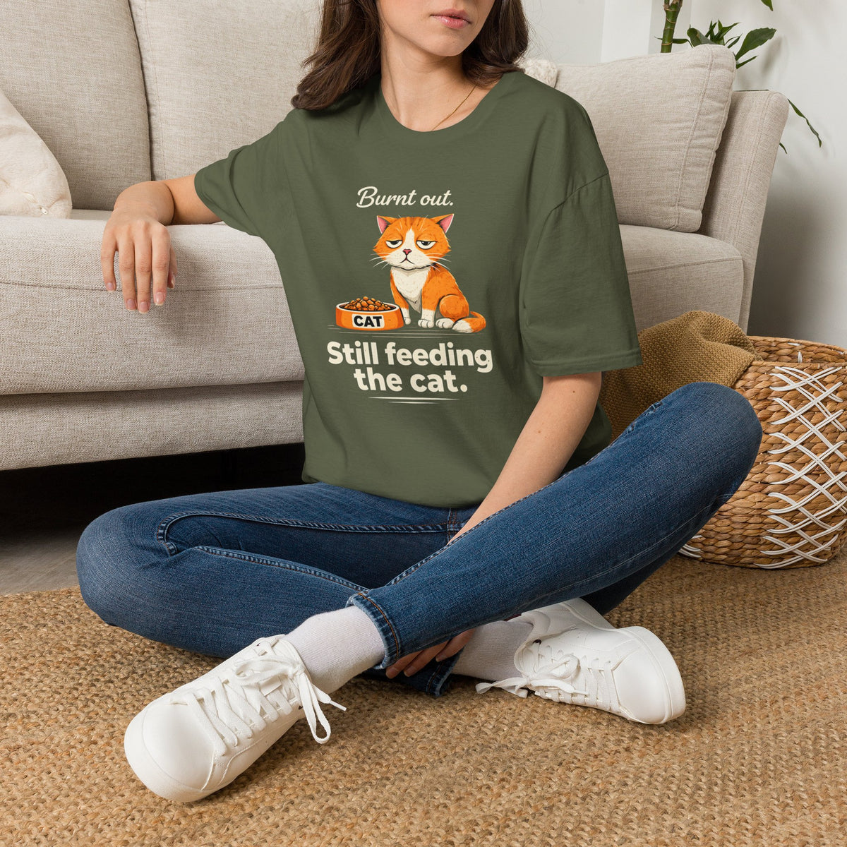 Cat T-Shirt — "Burnt Out Still Feeding the Cat" Funny Pet Mom/Dad Tee