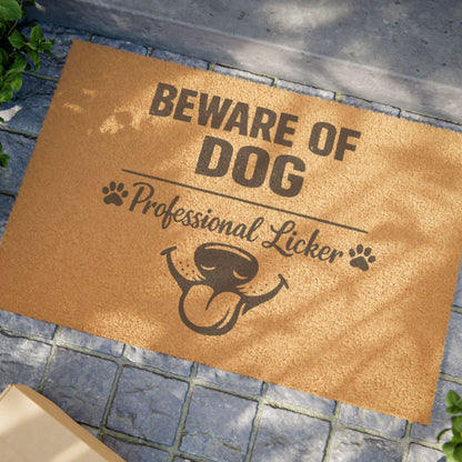 Doormat — "Beware of Dog: Professional Licker" Funny Paw Print Coir Welcome Mat
