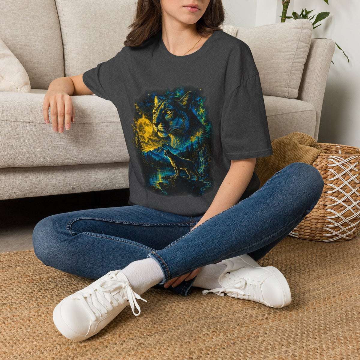 Moon T-Shirt — Neon Cosmic Big Cat Graphic Tee