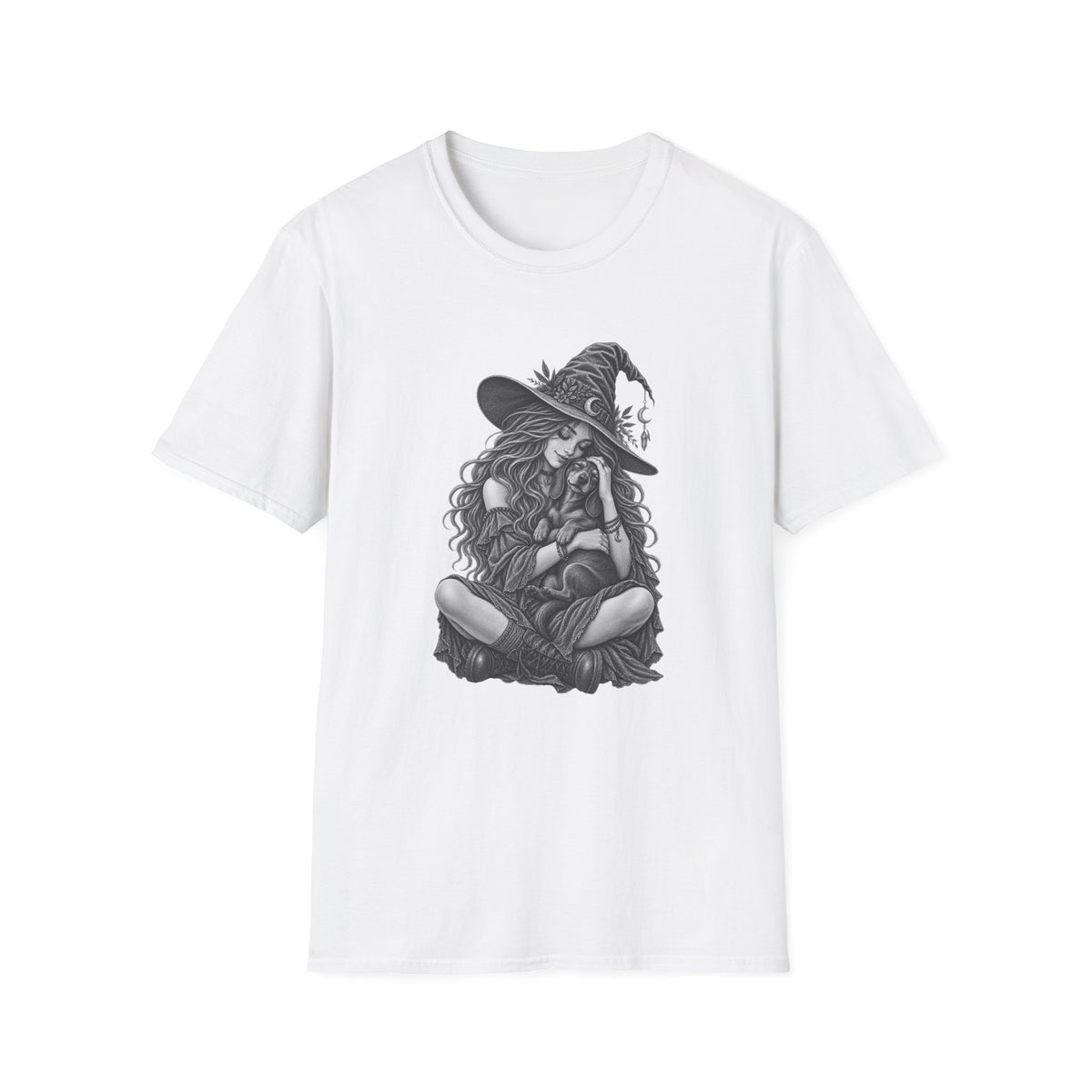 Witch Girl petting a dog Graphic T-Shirt — Witch Illustration Tee