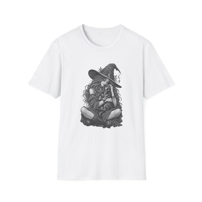 Witch Girl petting a dog Graphic T-Shirt — Witch Illustration Tee