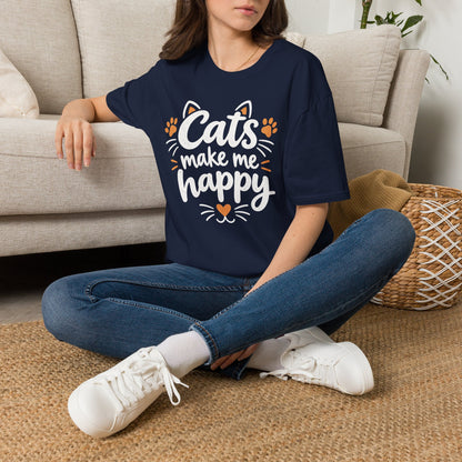 Cats make me happy T‑Shirt – Cute Paw Print & Heart Graphic Tee