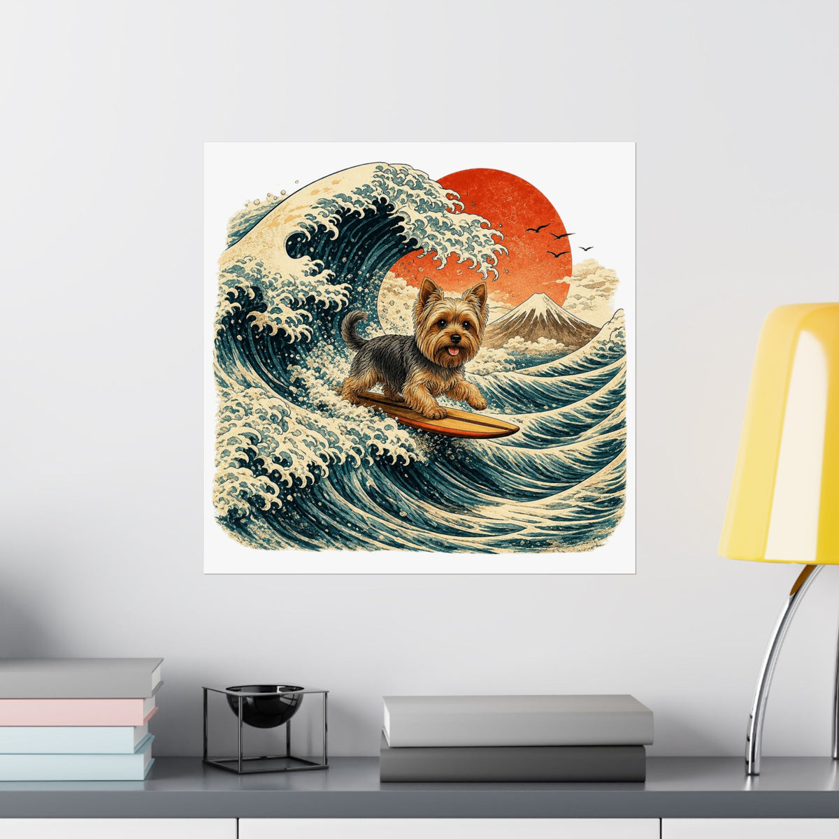 Surfing Yorkie Poster — Vintage Wave Art Matte Vertical Print