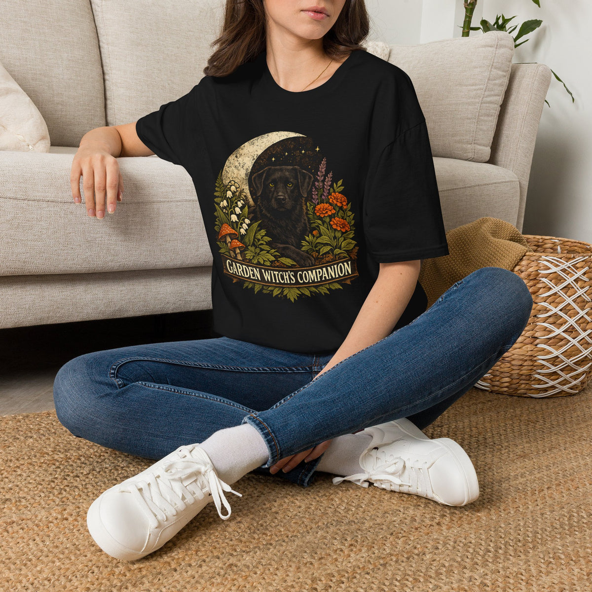 Witch’s Companion Black Dog T-Shirt — “Garden Witch’s Companion” Moon & Floral Tee