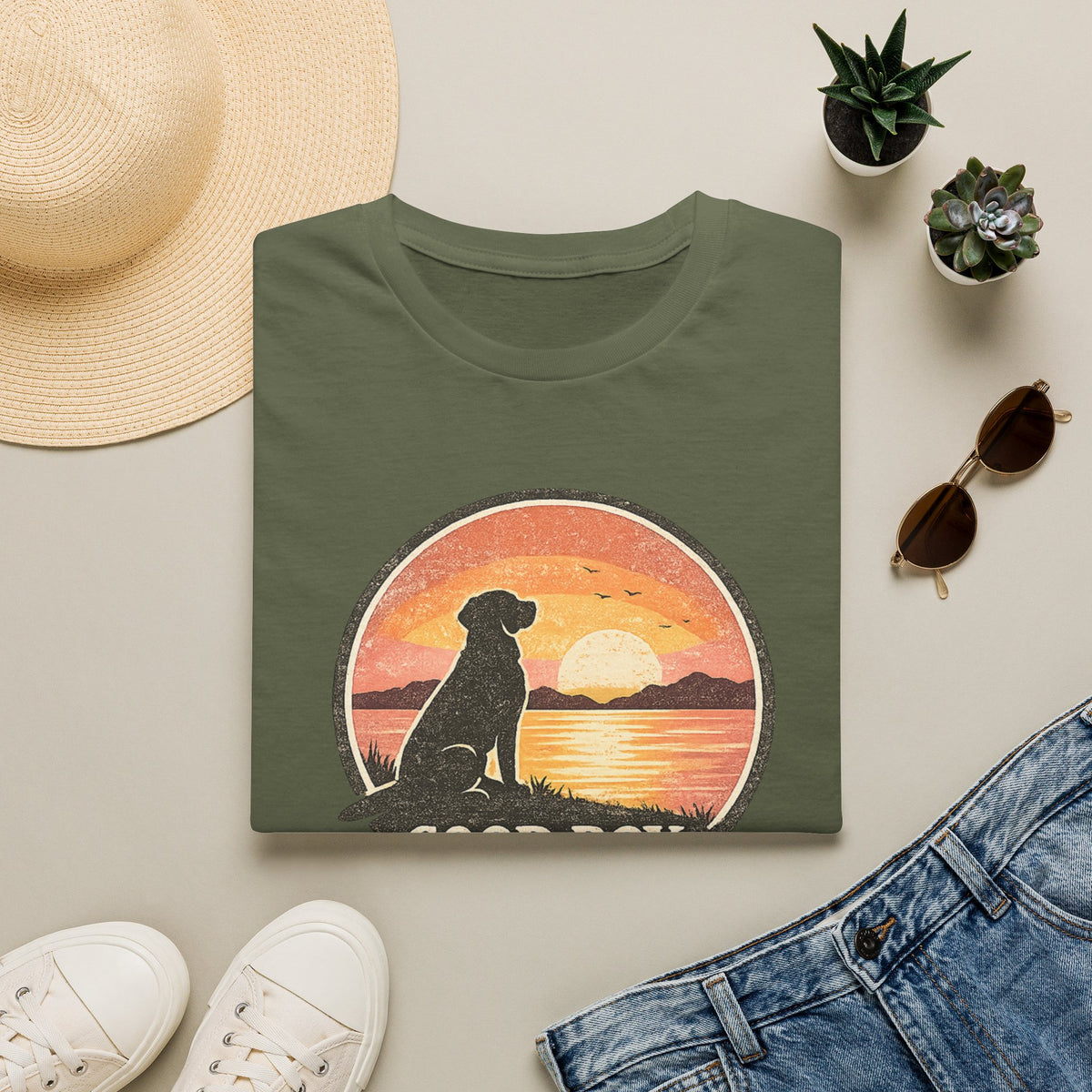 Dog Sunset T-Shirt — "Good Boy" Retro Beach Graphic Tee