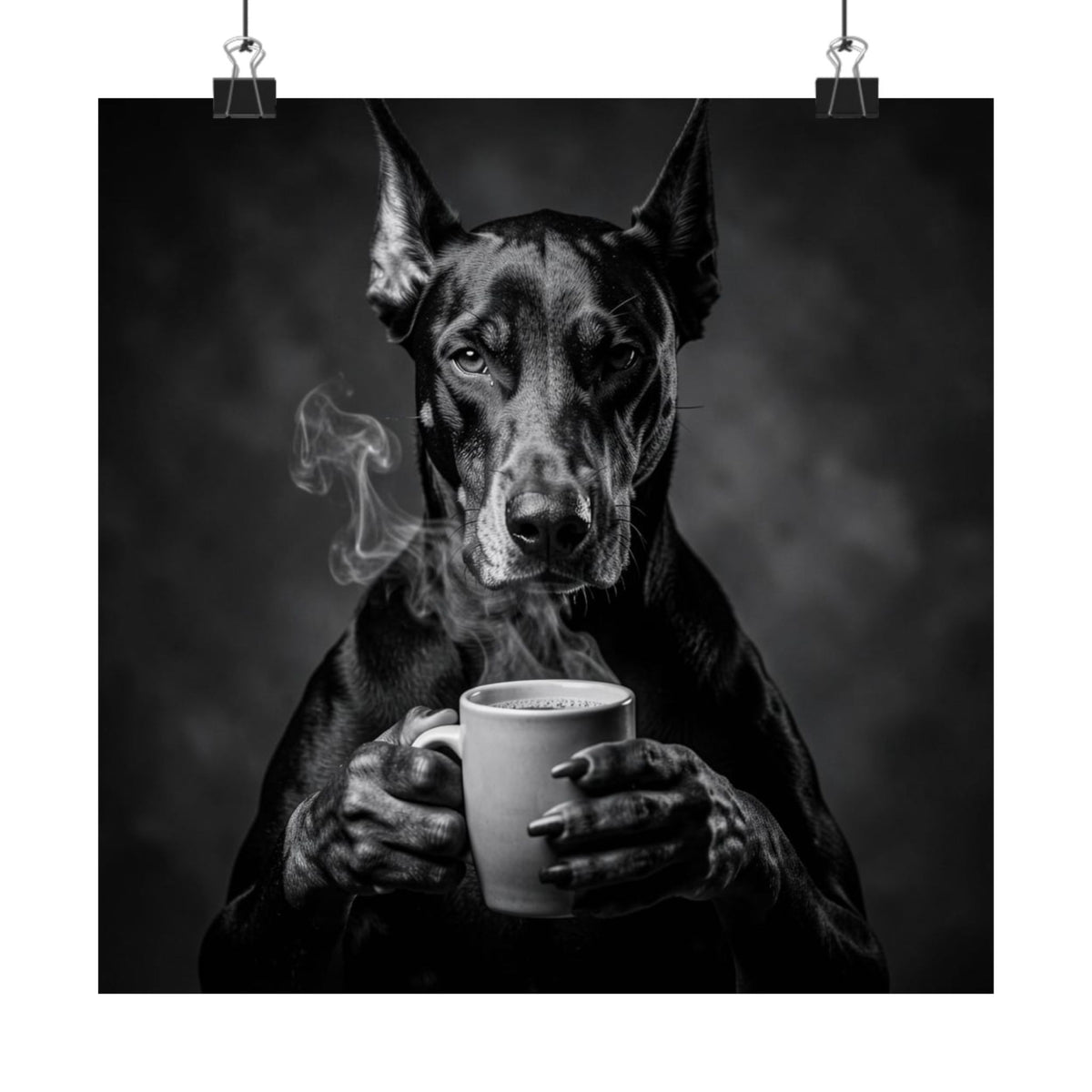 Doberman Coffee Poster — Black & White Matte Dog Art Print