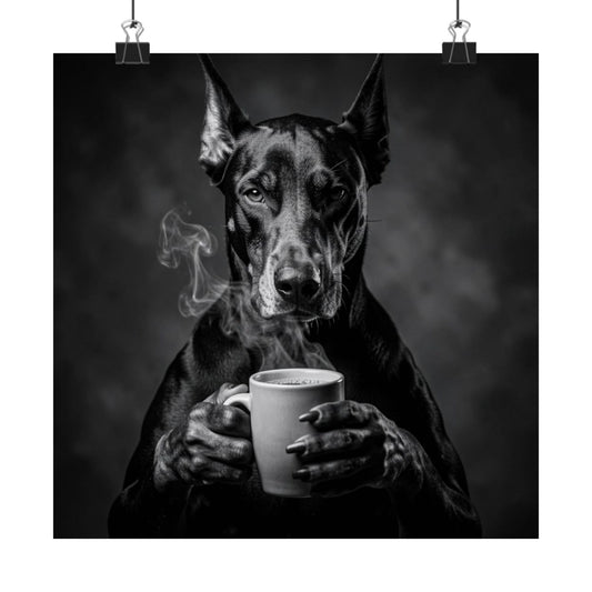 Doberman Coffee Poster — Black & White Matte Dog Art Print