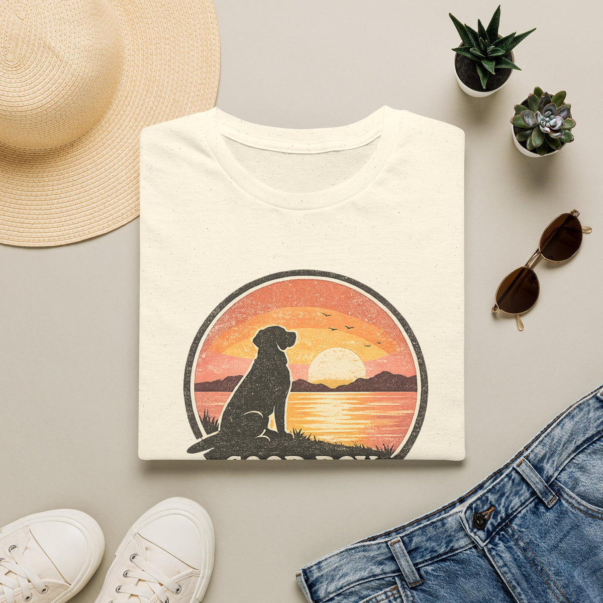 Dog Sunset T-Shirt — "Good Boy" Retro Beach Graphic Tee