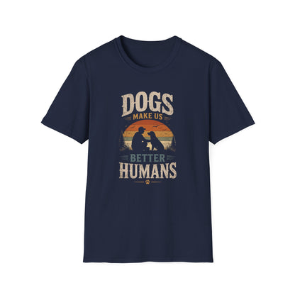 T-Shirt — "Dogs Make Us Better Humans" Vintage Sunset Dog Lover Tee