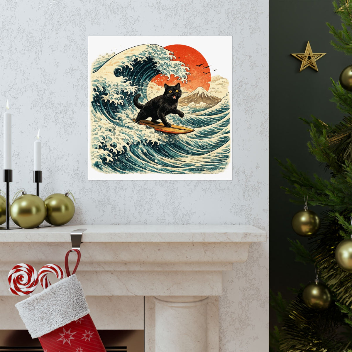 Surfing Black Cat Poster — Vintage Japanese Wave Art Print