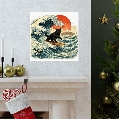 Surfing Black Cat Poster — Vintage Japanese Wave Art Print