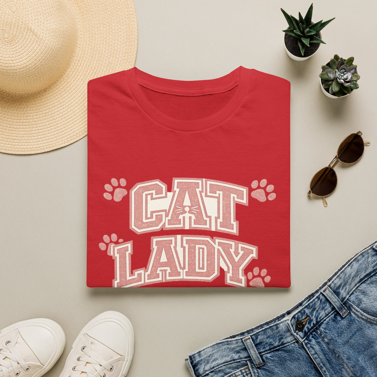 Cat Lady T-Shirt — Cute Pink Paw Print Graphic Tee for Cat Lovers