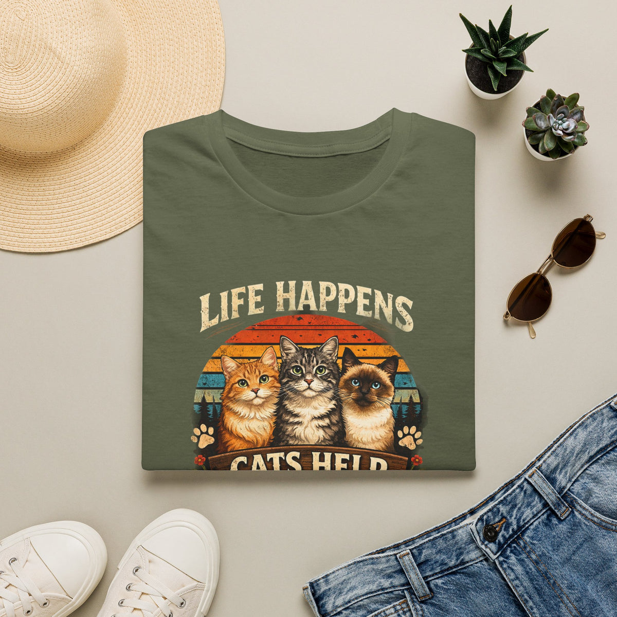 Life Happens Cats Help T-Shirt — Vintage Cat Lover Tee