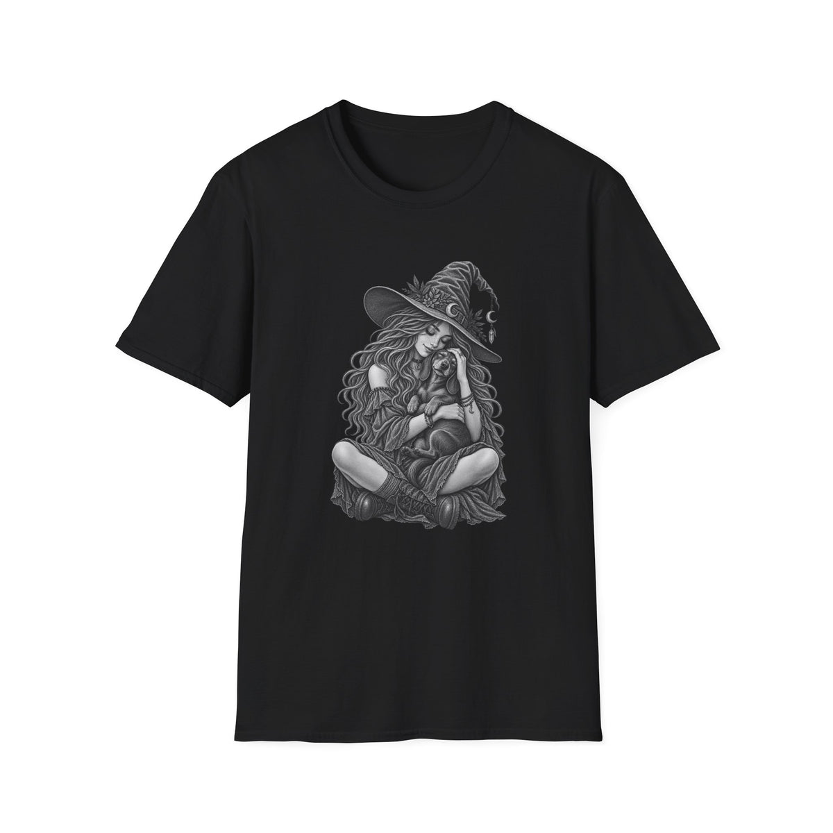 Witch Girl petting a dog Graphic T-Shirt — Witch Illustration Tee