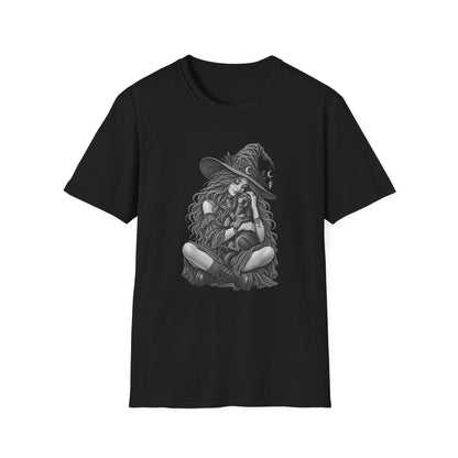 Witch Girl petting a dog Graphic T-Shirt — Witch Illustration Tee