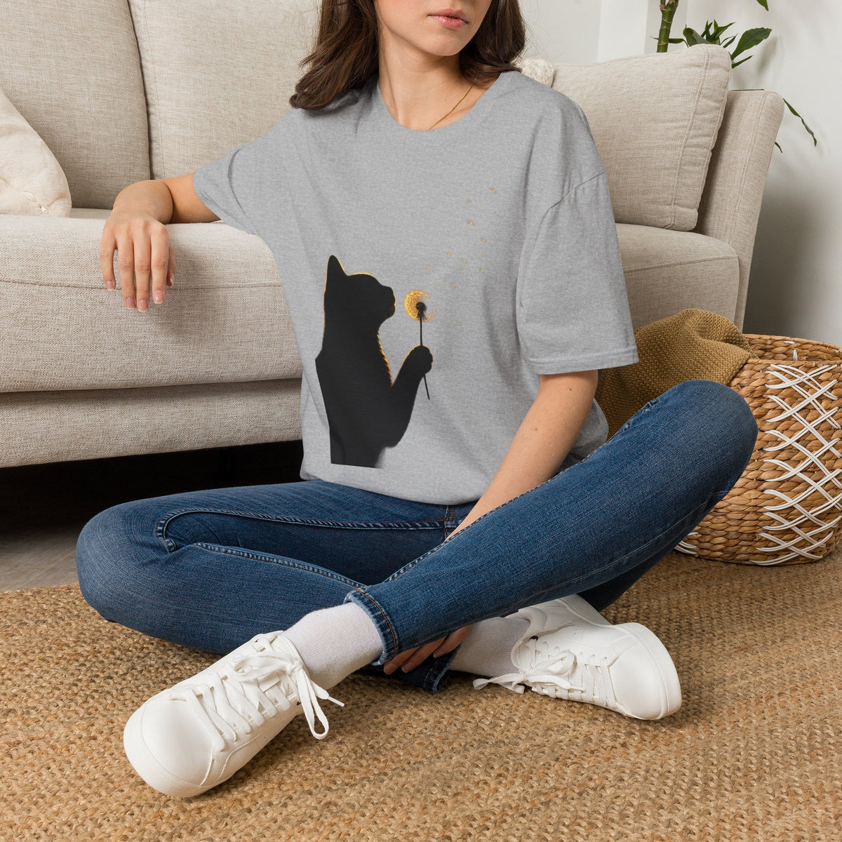 Cat Silhouette Dandelion Tee — Whimsical Night Cat T-Shirt
