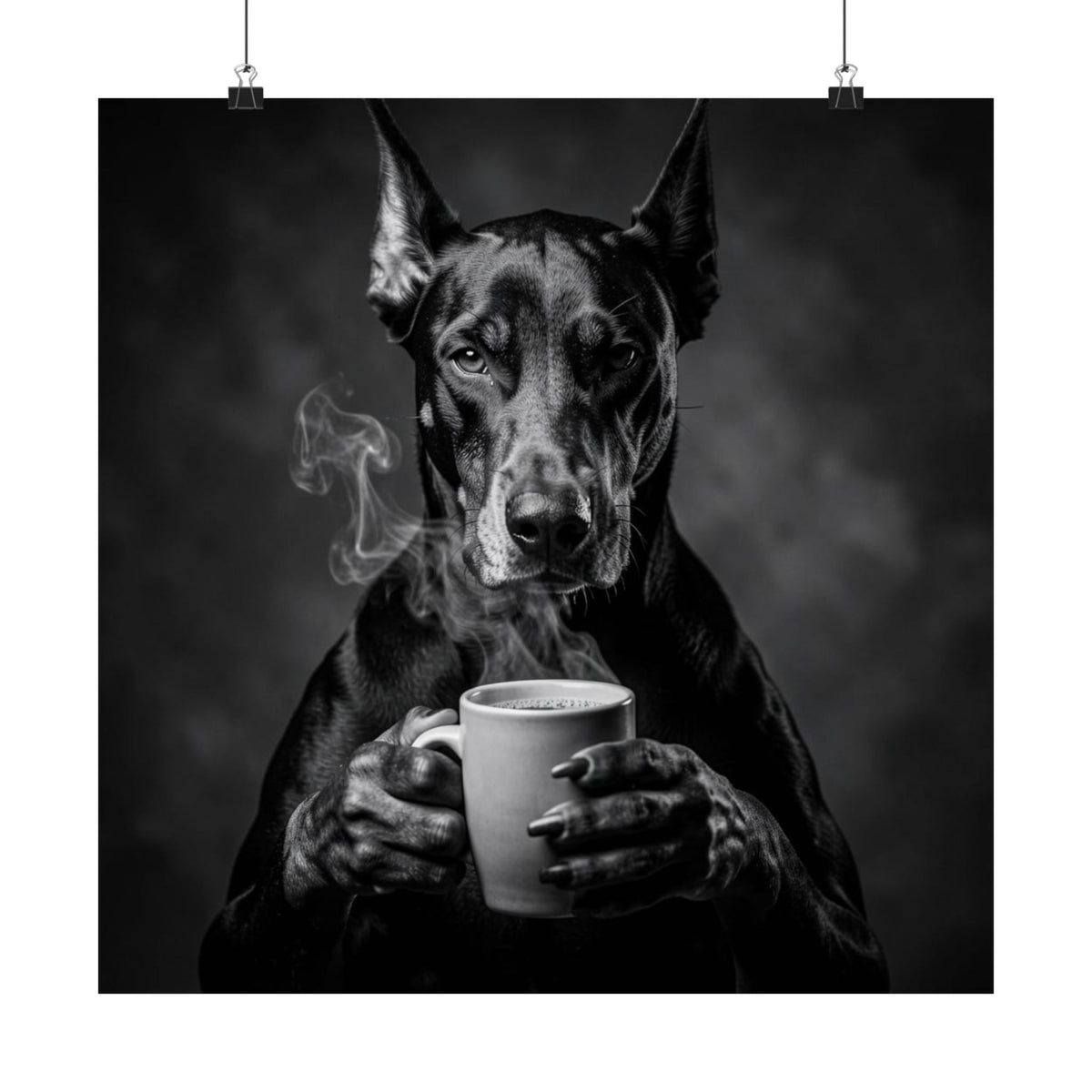 Doberman Coffee Poster — Black & White Matte Dog Art Print