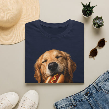 Golden Retriever Hot Dog T-Shirt — Cute Dog Eating Hotdog Graphic Tee